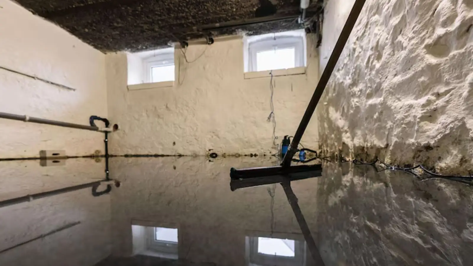 Flooded basement with a squeegee on the standing water and small windows near the ceiling