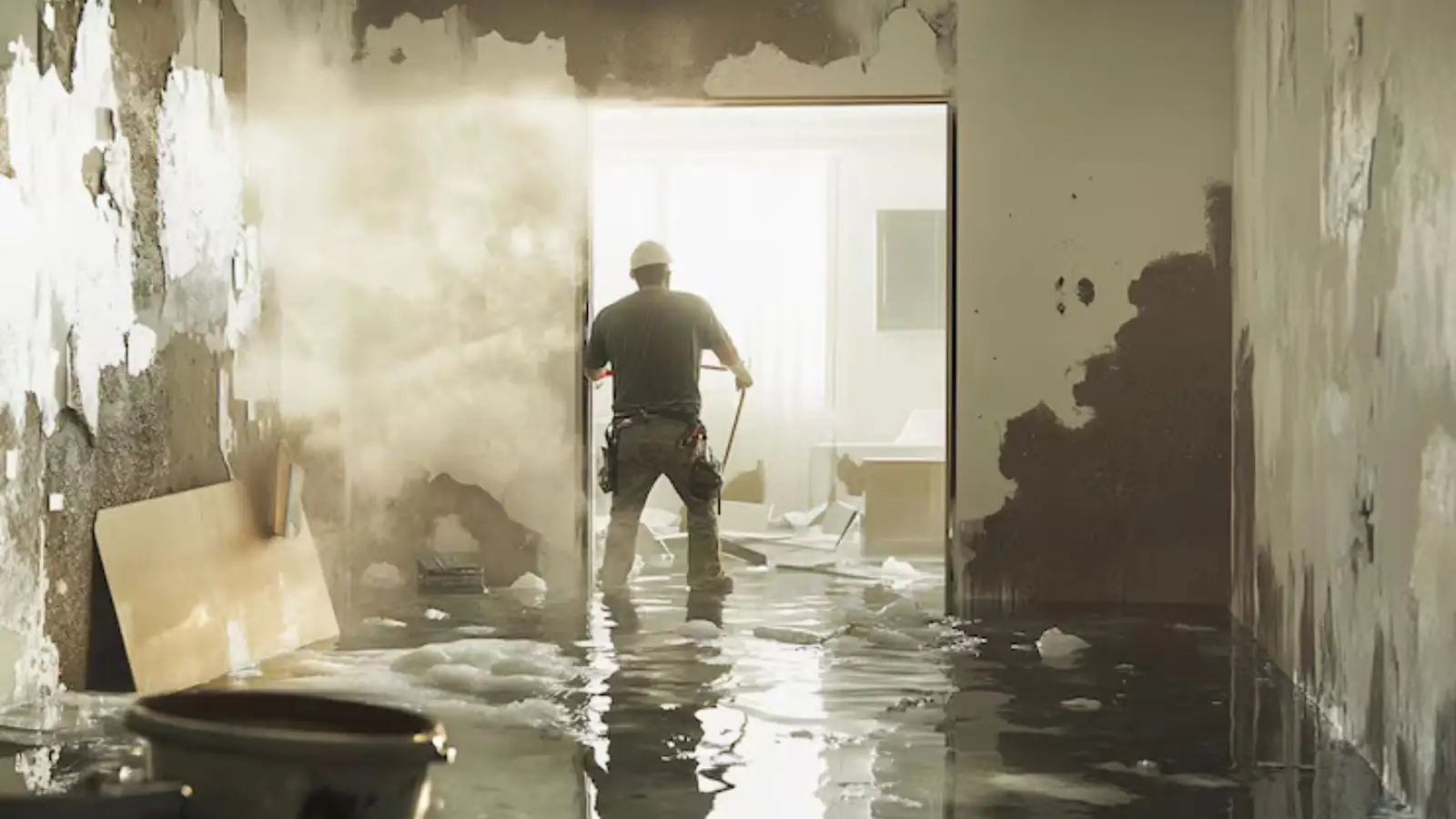 Person standing in a room where wet drywall has peeled and fallen from the walls