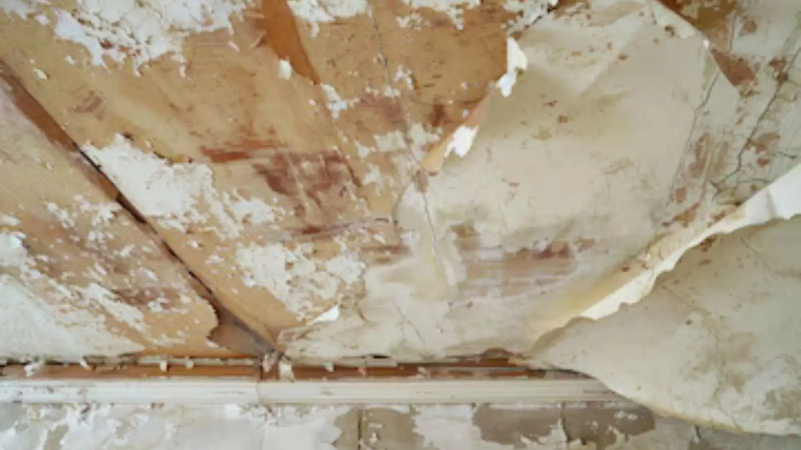 Water-damaged ceiling with peeling paint and exposed layers