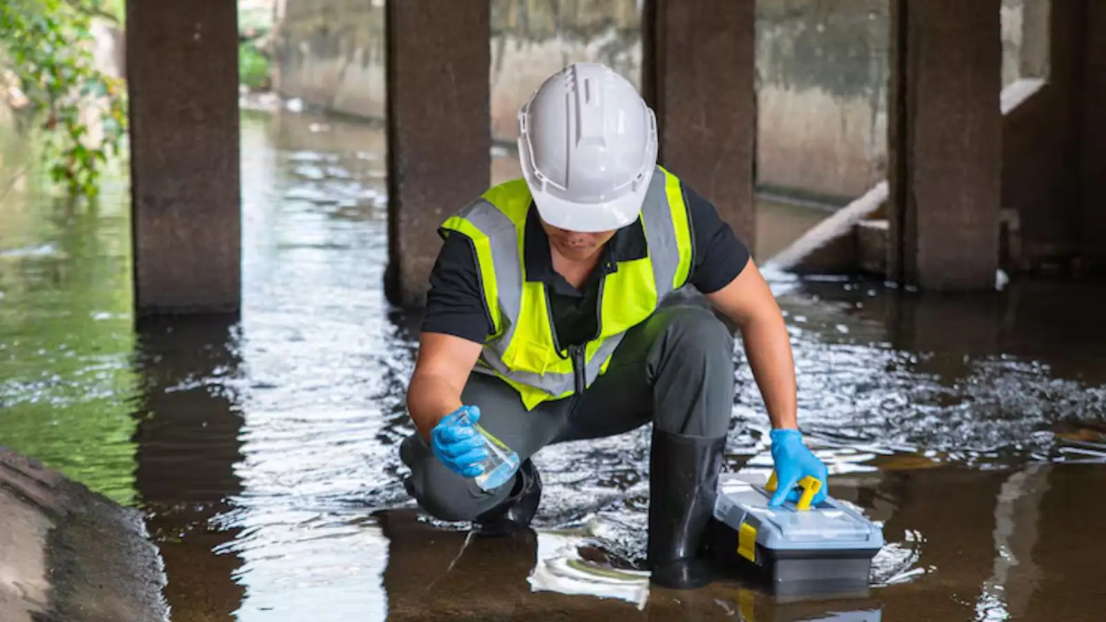Worker in a hard hat and safety vest checking floodwater in a structure