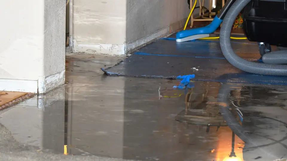 Extraction wand pulling standing water off a concrete floor