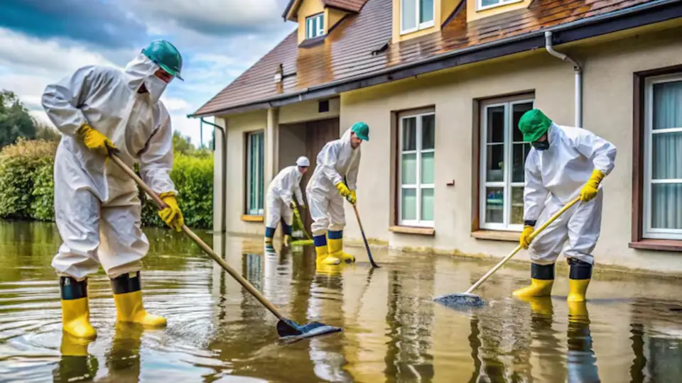 Crew in protective suits and boots clearing floodwater outside a house