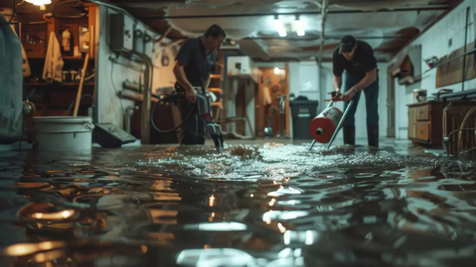 Two workers using extraction equipment on a flooded lower-level room