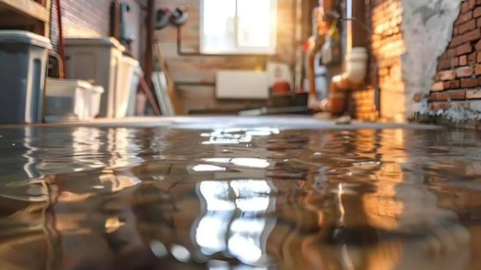 Wet brick-walled lower level with water on the floor