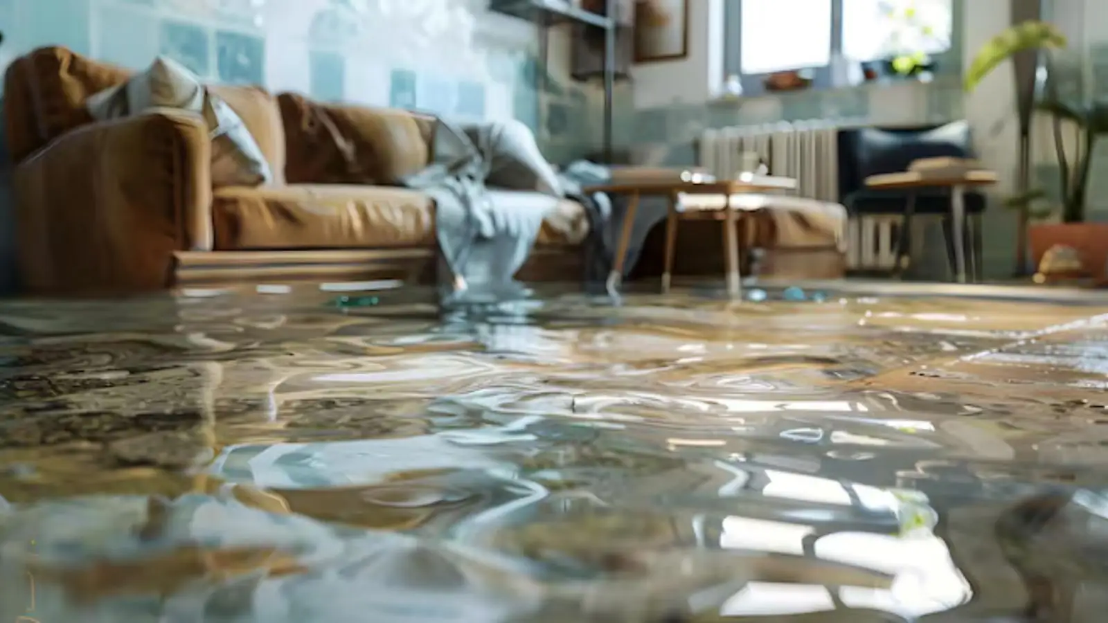 Wet living room floor with a sofa, shallow water covering the surface