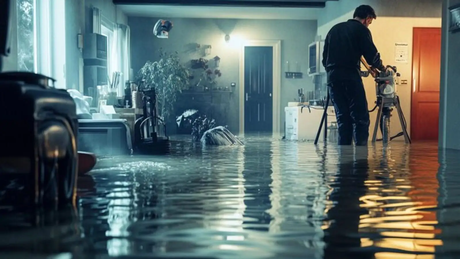 Technician working with equipment in a flooded room during water mitigation